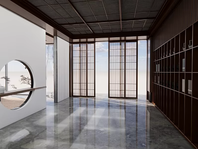 Modern Open Tea Room With Wooden Lattice Doors Round Window Marble Floor And Bookshelves 3d model