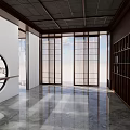 Modern Open Tea Room With Wooden Lattice Doors Round Window Marble Floor And Bookshelves