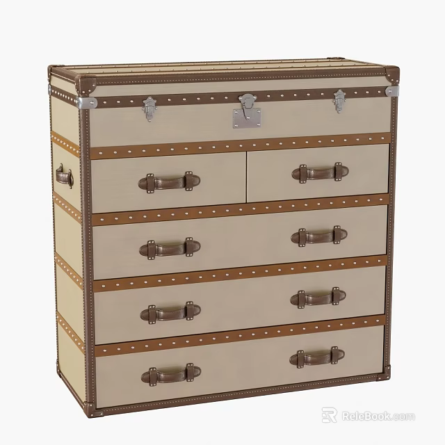 Vintage Chest of Drawers Featuring Beige Brown Design Metal Rivets and Brown Handles 3d model 