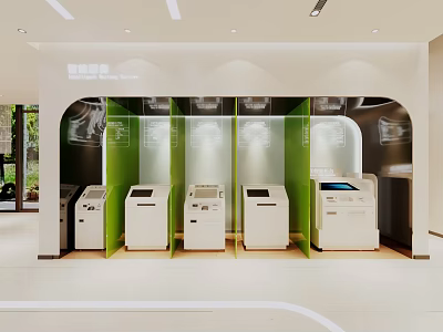 White Machines On Display In Bright Clean Area With Green Partitions And Natural Light 3d model