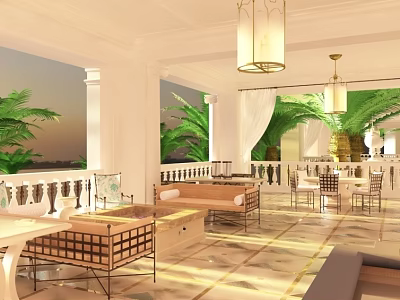 Elegant Clubhouse Interior With Chandeliers Sofas Columns And Palm Trees View 3d model