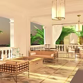 Elegant Clubhouse Interior With Chandeliers Sofas Columns And Palm Trees View