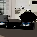 Kitchen Gas Stove With Two Pots And Blue Flames Near Window And Wall Art