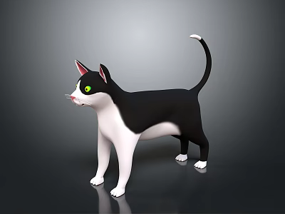 Black And White Cat With Green Eyes Standing On Gray Background 3d model