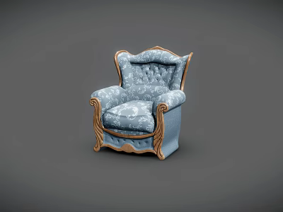 Classic Blue Patterned Single Sofa With Golden Wooden Trim And Elegant Armrests Design 3d model
