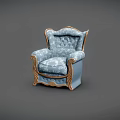 Classic Blue Patterned Single Sofa With Golden Wooden Trim And Elegant Armrests Design