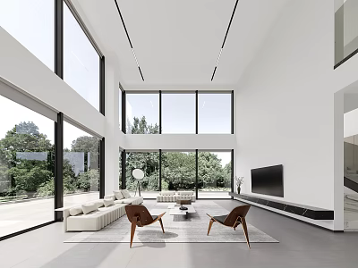 Modern Living Dining Room Interior With Large Windows Greenery View White Sofa And Brown Chairs 3d model