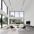 Modern Living Dining Room Interior With Large Windows Greenery View White Sofa And Brown Chairs