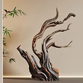 Wooden Sculpture Carving With Branch Like Design And Bamboo In Modern Interior