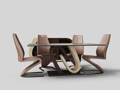Modern Dining Table And Chairs Set With Beige Leather Seats And Unique Curved Base Design 3d model