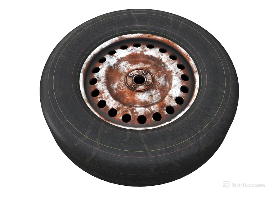 Black Rubber Tire With Rusty Metal Rim And Multiple Holes Design 3d model 