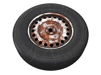 Black Rubber Tire With Rusty Metal Rim And Multiple Holes Design 3d model