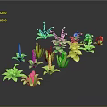 3D Rendered Colorful Plants with Green Leaves Various Colored Flowers on Gray Background and Reflections