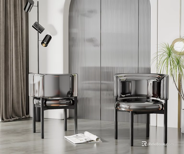 Modern Transparent Dining Chairs With Black Frames In Stylish Interior With Vertical Striped Wall 3d model