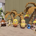 Colorful Minion Dolls And Various Toy Figures With Palm Trees On Wooden Floor