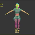 Woman In Green Cropped Top And Camouflage Shorts With Black Boots Arms Outstretched Gray Background