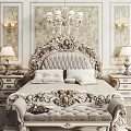 Luxury Classic Double Bed With Carved Headboard Ornate Wallpaper Chandelier And Bedside Lamps