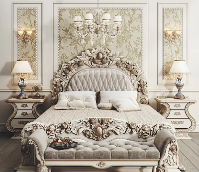 Luxury Classic Double Bed With Carved Headboard Ornate Wallpaper Chandelier And Bedside Lamps 3d model