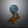 Cosmic Steampunk Spacecraft With Blue Celestial Sphere And Wooden Brass Propellers