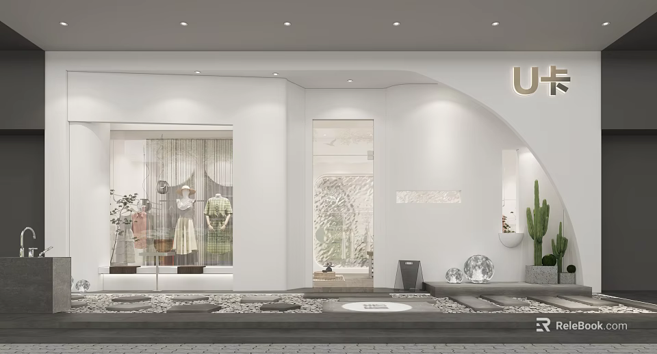 Stylish Mall Shop With White Walls Curved Design Window Display Mannequins And Plants 3d model 