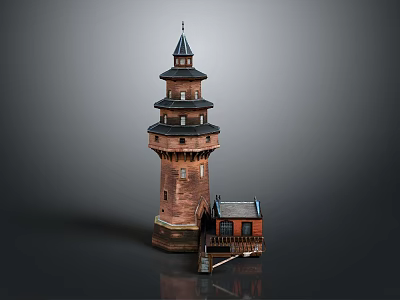 Red Brick Lighthouse Architecture With Multiple Stories Spire And Adjacent Small House 3d model