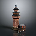 Red Brick Lighthouse Architecture With Multiple Stories Spire And Adjacent Small House