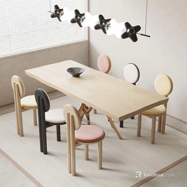 Modern Light Wood Dining Table Set with Colorful Chairs and Pendant Lights 3d model 