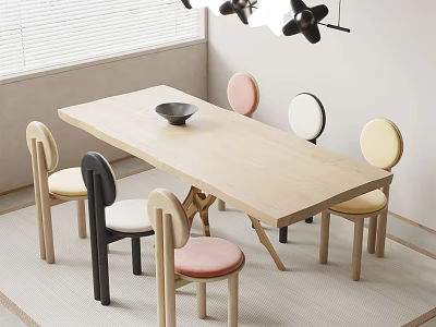 Modern Light Wood Dining Table Set with Colorful Chairs and Pendant Lights 3d model