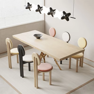 Modern Light Wood Dining Table Set with Colorful Chairs and Pendant Lights 3d model