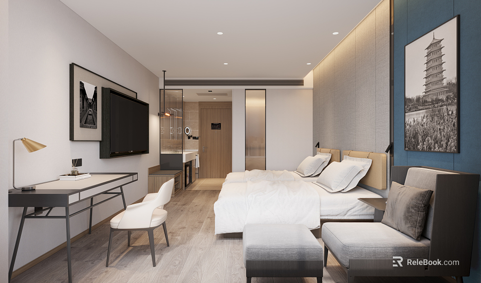 Modern Hotel Room Interior With Bed Desk Chair TV Lighting And Artwork 3d model 