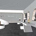 Modern Exhibition Hall Interior With Curved Ceiling Lights White Display Tables And Gray Flooring