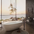 Luxurious Freestanding Bathtub in Modern Bathroom with Ocean View Sunset and Pendant Lights