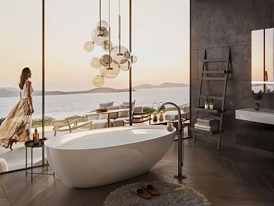 Luxurious Freestanding Bathtub in Modern Bathroom with Ocean View Sunset and Pendant Lights 3d model