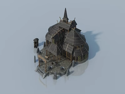 Wooden Swing Door in Medieval Round Building with Spire Roof and Stone Base 3d model