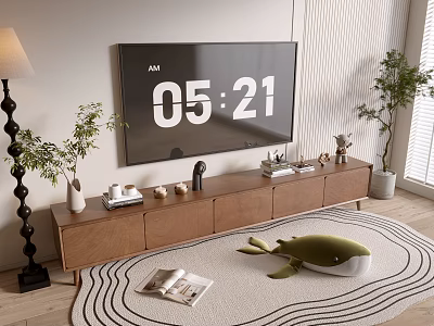 Wooden TV Stand with TV Time Display Decorations Green Plants Whale Plush and Round Rug 3d model
