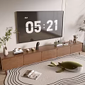 Wooden TV Stand with TV Time Display Decorations Green Plants Whale Plush and Round Rug