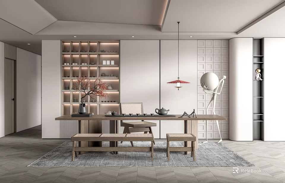 Traditional Tea Room Interior Design With Wooden Tea Table Hanging Lamp And Decorative Vase 3d model 