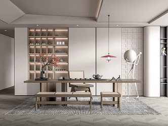 New Chinese Style Tea Room Home Tea Room Tea Table and Chair Combination Tea Cabinet Bookcase Stool Green Plant Vase Ornaments 3d model