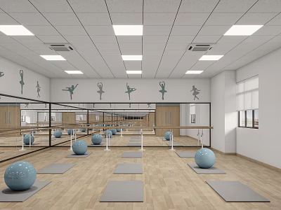 Spacious Yoga Dance Studio Featuring Mats Exercise Balls Barres Mirrors 3d model