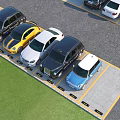 Parking Lot With Neatly Parked Various Colored Cars And Yellow Lined Spaces