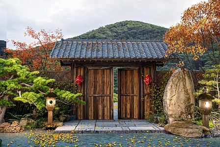 Japanese-style courtyard door landscape sketch plant landscaping pine plant pile rockery stone 3d model