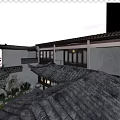 Traditional Chinese Courtyard Hinged Door With Classic Tile Roof And Sunset Sky