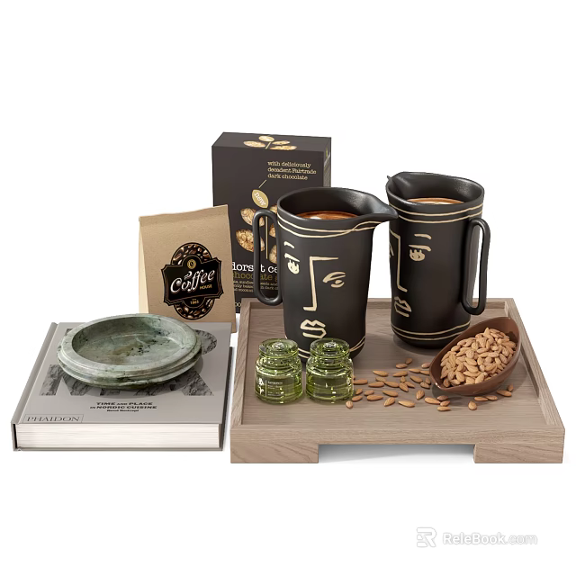 Black Ceramic Mugs With Face Designs On Wooden Tray With Coffee Beans Jars And Book 3d model 