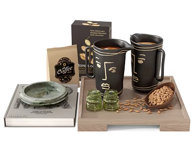Black Ceramic Mugs With Face Designs On Wooden Tray With Coffee Beans Jars And Book 3d model