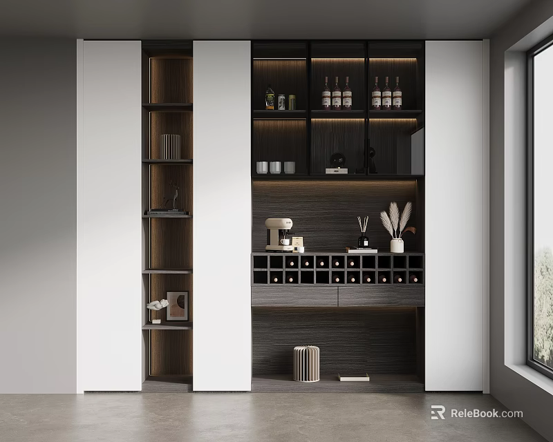 Modern Sleek Sideboard Design With White Doors Dark Wood Shelves And Wine Rack Storage 3d model 