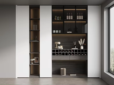 Modern Sleek Sideboard Design With White Doors Dark Wood Shelves And Wine Rack Storage 3d model