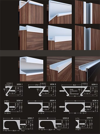 Various Types of Wooden and White Handles with Structural Design Details 3d model