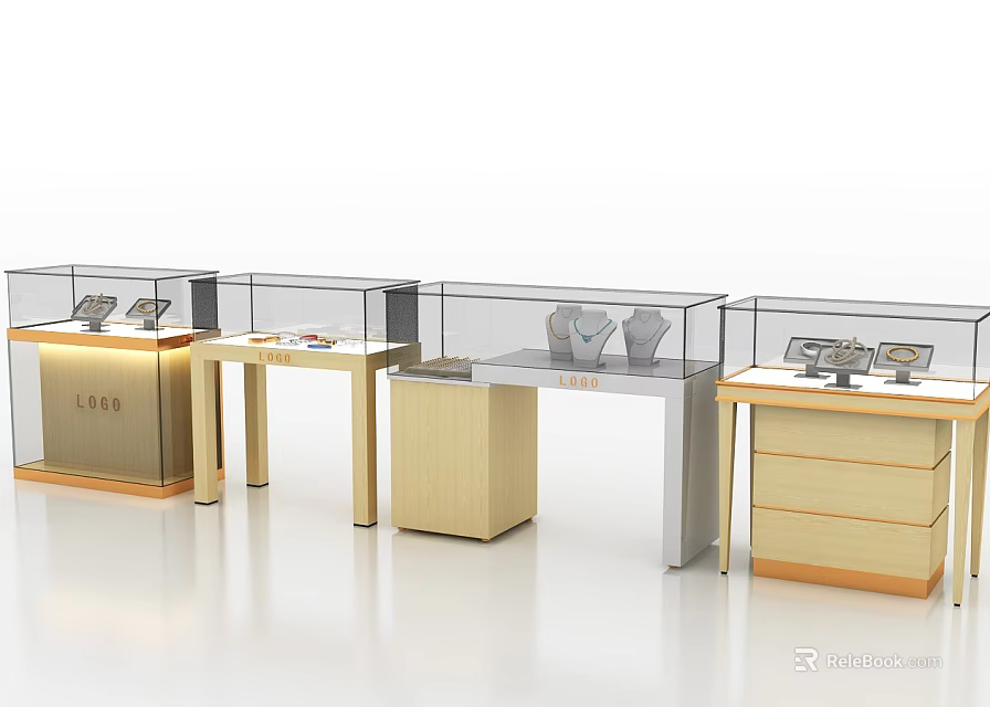 Stylish Display Shelving Units and Showcase Cabinets With Glass Doors Wooden Frames and Metal Shelves 3d model 