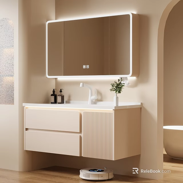 Modern Bathroom Vanity Cabinet With Light Beige Design Drawers Mirror And Sink 3d model 