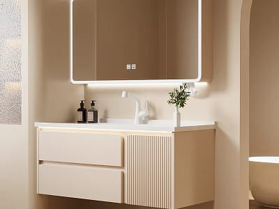 Modern Bathroom Vanity Cabinet With Light Beige Design Drawers Mirror And Sink 3d model